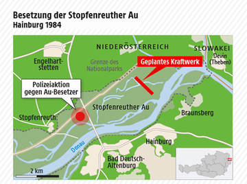 Karte zur geplanten Lage des Kraftwerks und der Polizeiaktion. APA; ORF.at